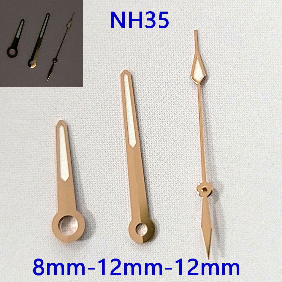 Rose golden luminous watch hands set by B10, compatible with NH35A/NH36A/4R36 movements.