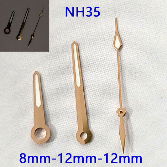 Rose golden luminous watch hands set by B10, compatible with NH35A/NH36A/4R36 movements.