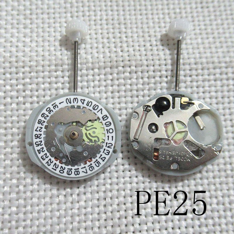 Sunon PE25 quartz watch movement with 3 hands and date display at 3/6, ideal replacement part.