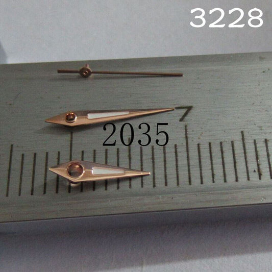 Luminous watch hands set by NO.3228 for Miyota 2035 movement, enhancing visibility and style.