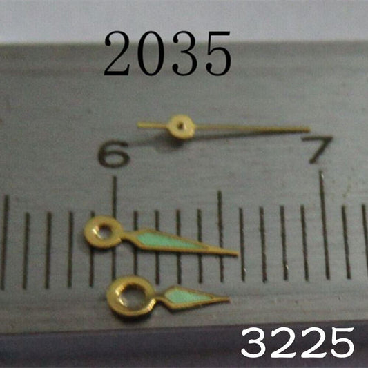 Luminous watch hands set for Miyota 2035 movement, enhancing readability in low light.