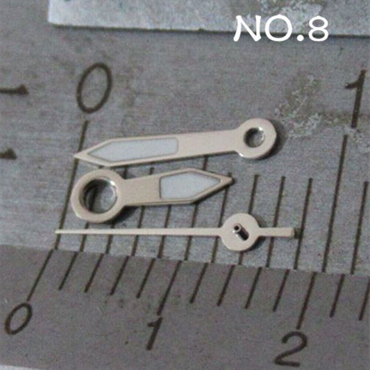Luminous silver watch hands set for Miyota 2035 movement NO.8, perfect for night visibility.