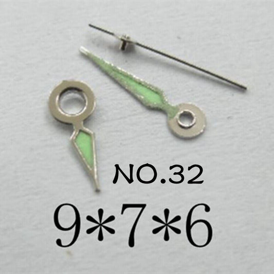 Luminous watch hands set by NO.32 for Miyota 2035, sizes 9mm, 7mm, 6mm, perfect for precise time upgrades.