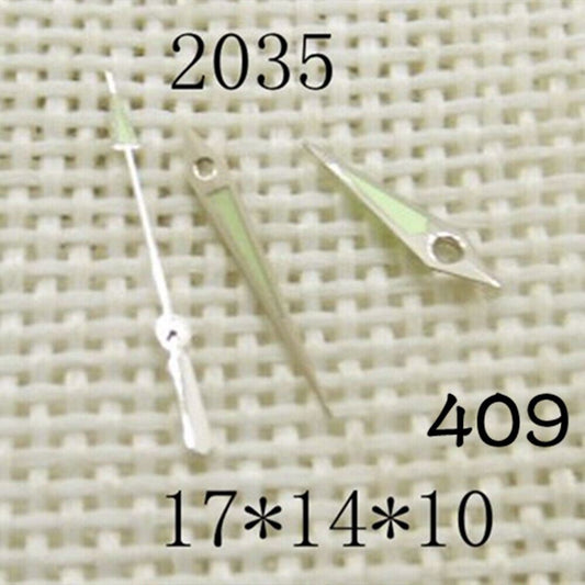 Luminous watch hands set by NO409 for Miyota 2035 movement, 17mm/14mm/10mm lengths, ideal for nighttime visibility.