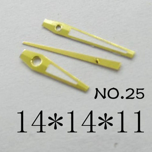 Golden luminous watch hands set for Miyota 2035 with 14mm/14mm/11mm lengths, precise accessory.