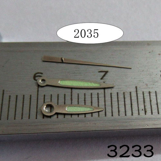 Luminous watch hands set by NO.3233 for Miyota 2035 movement, ideal for easy time reading in dark.