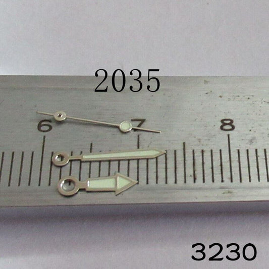 Luminous watch hands set for Miyota 2035 movement, enhancing readability in low light.