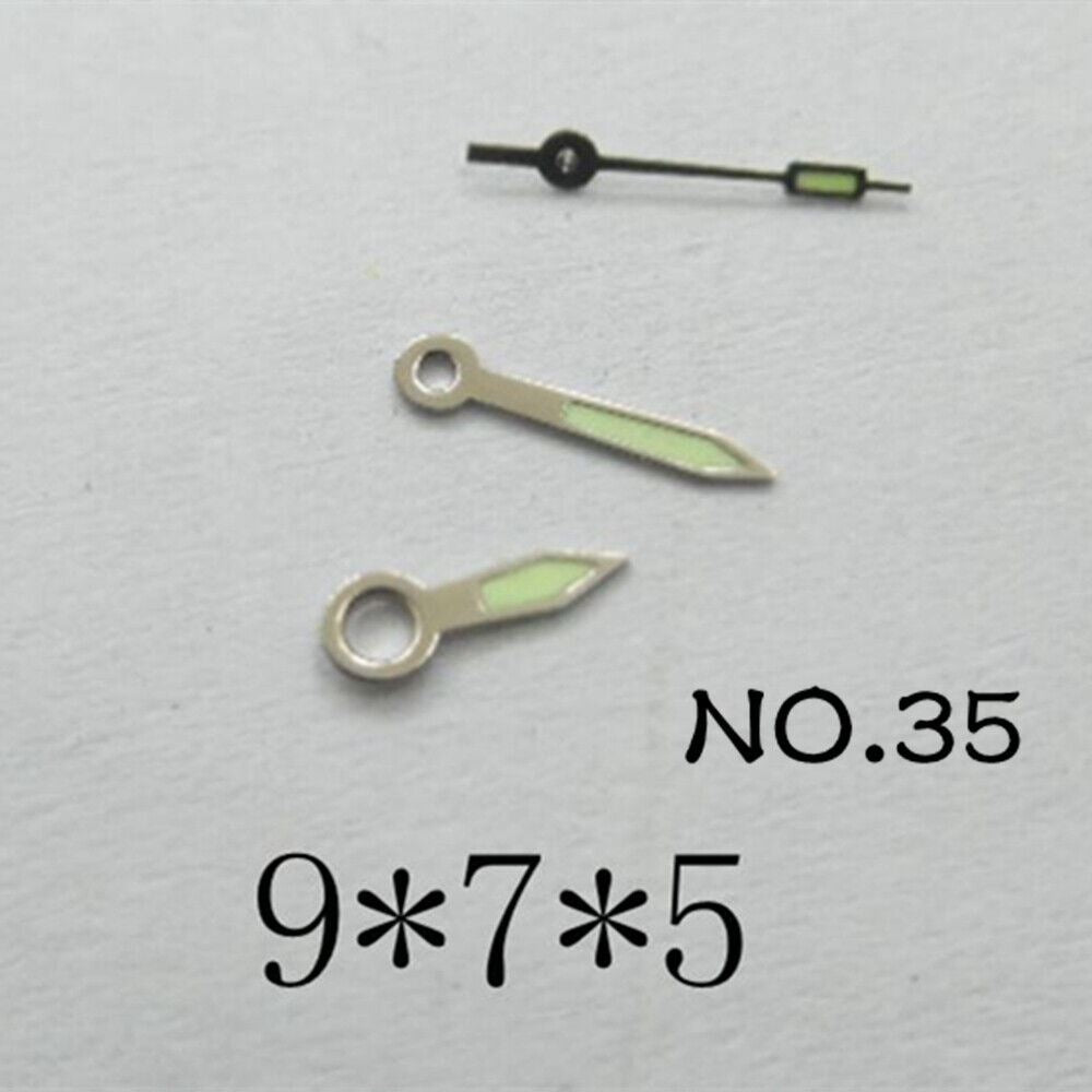 Set of luminous watch hands for Miyota 2035, 9mm/7mm/5mm lengths by NO.35, perfect for precise timekeeping.