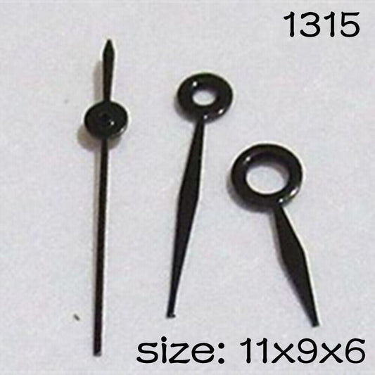 Black watch hands set by NO.1315 for Miyota 2015 movement, 11/9/6mm lengths, precise fit accessory.