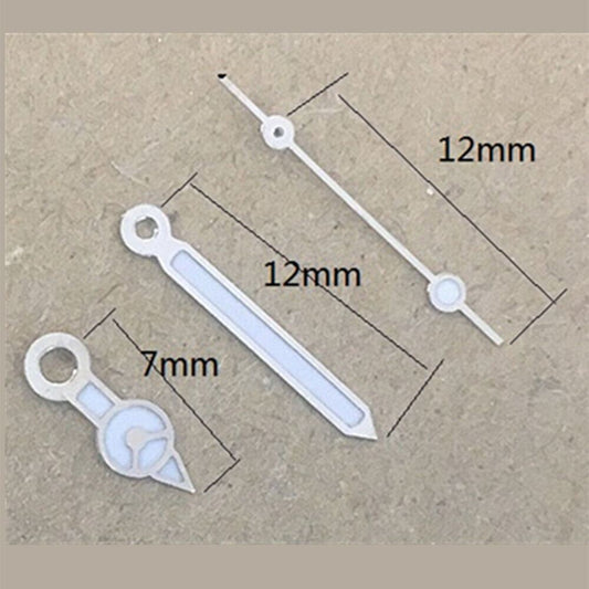 Luminous watch hands for Hattori Epson TMI VJ42 quartz movement, enhancing visibility in low light.