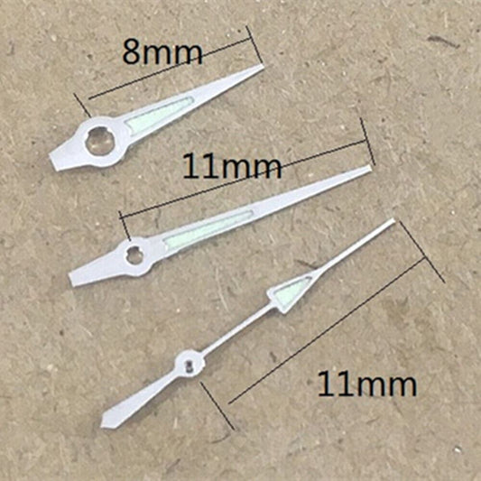 Luminous silver trim watch hands for Miyota 2035 quartz movement, enhancing visibility in low light.