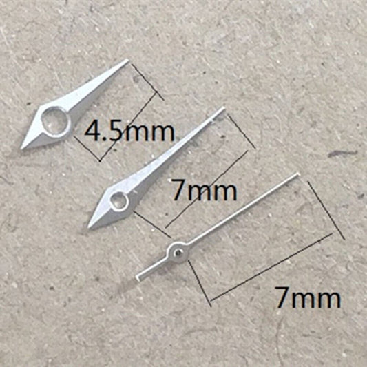 Silver watch hands set for Miyota 2035 quartz movement, enhancing precision and style.