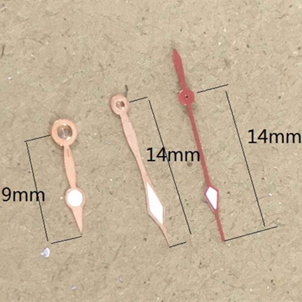 Red second rose gold watch hands for Miyota 2035 quartz movement, precision accessory.