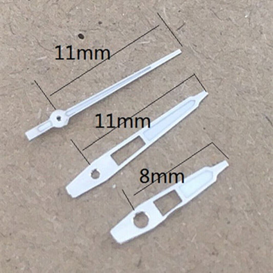 White luminous watch hands compatible with Miyota 2035 quartz movement, enhancing visibility and style.