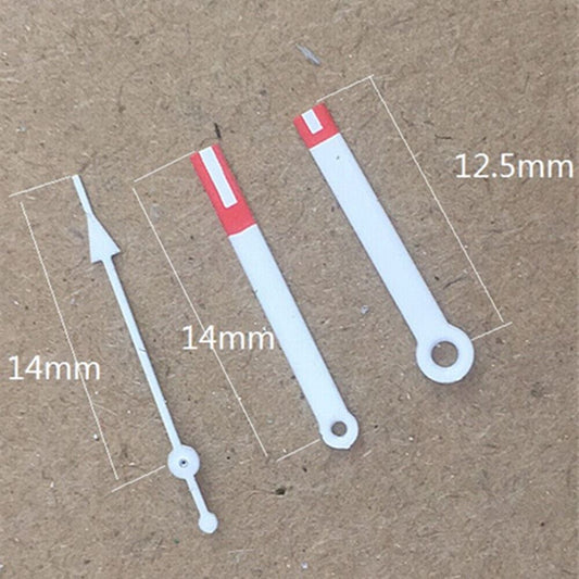 Red arrow-shaped watch hands designed for Miyota 2035 quartz movement by P1-H3-C35, perfect for watch repairs.