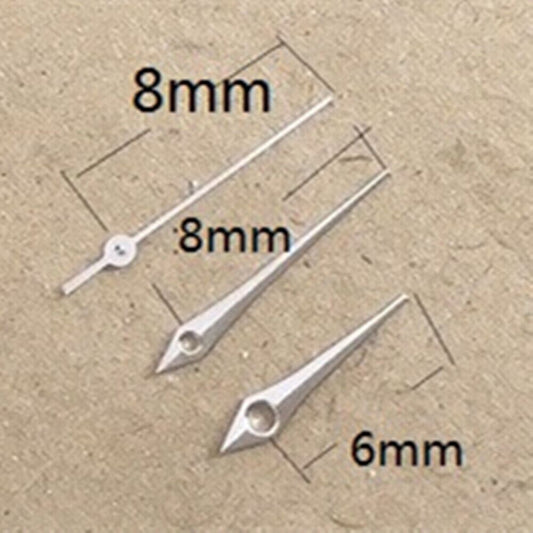 Silver arrow-shaped watch hands for Miyota 2035 quartz movement by P1-H3-C47, precise accessory.