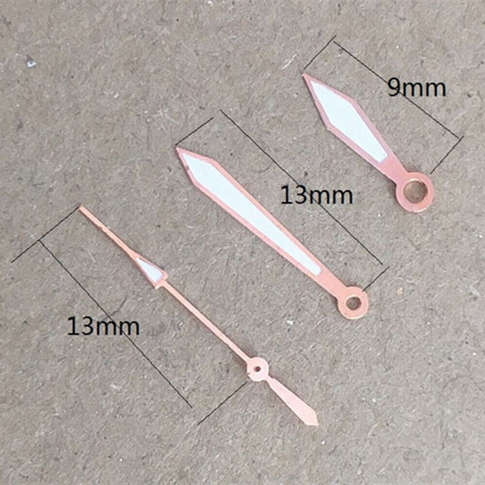 Rose gold luminous watch hands for Miyota 2035 quartz movement, enhancing visibility and style.