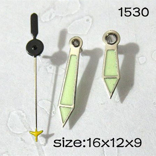 Luminous watch hands set for Miyota 2035 movement, sizes 16mm/12mm/9mm, enhancing night visibility.
