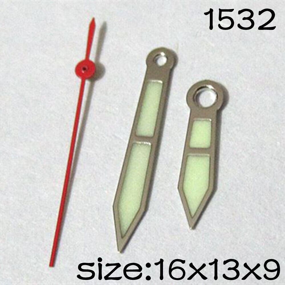 Luminous red second watch hands by NO.1532 for Miyota 2035 movement, available in 16mm, 13mm, and 9mm sizes.