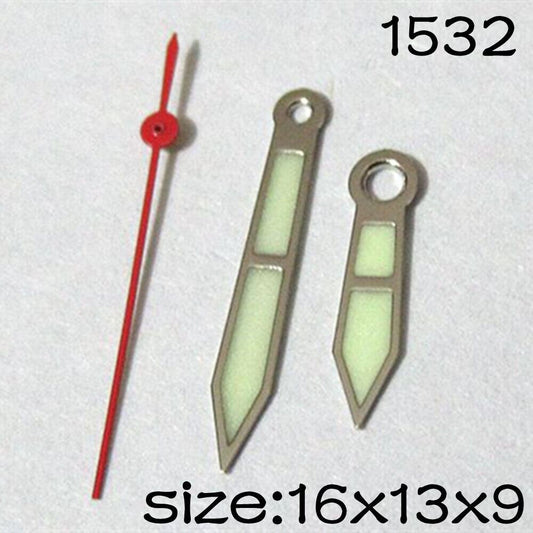 Luminous red second watch hands by NO.1532 for Miyota 2035 movement, available in 16mm, 13mm, and 9mm sizes.