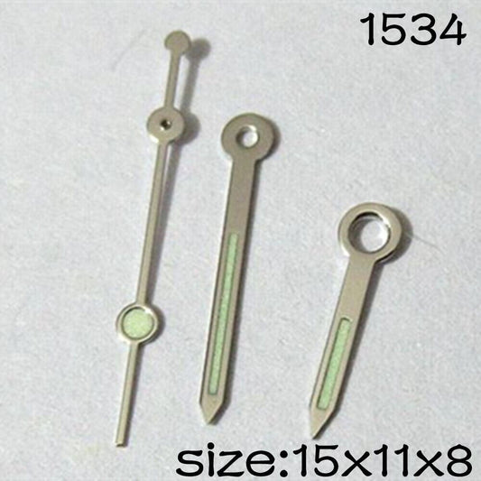 Luminous silver trim watch hands for Miyota 2035 movement, sizes 15mm/11mm/8mm, model #1534