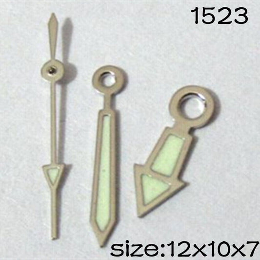 Silver luminous watch hands set for Miyota 2035 movement, sizes 12mm, 10mm, 7mm, brand #1523.