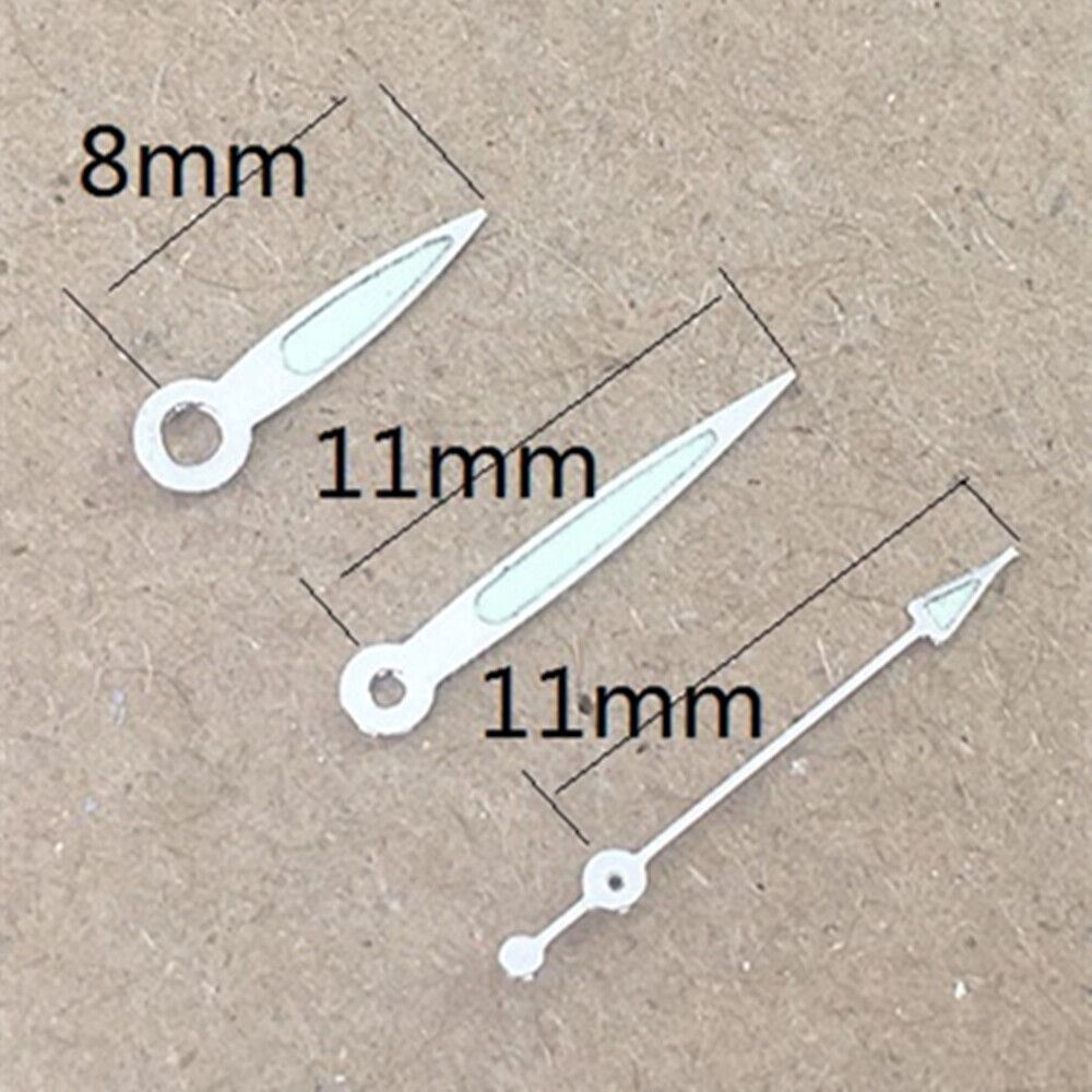 Luminous white trim watch hands by P1 for Miyota 2035 quartz movement, enhancing visibility and style.
