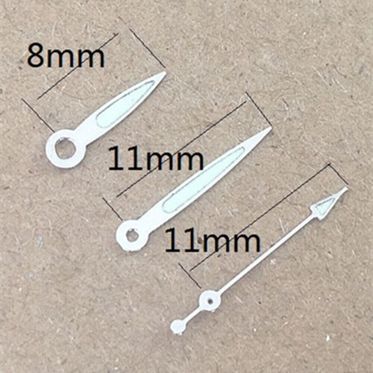 Luminous white trim watch hands by P1 for Miyota 2035 quartz movement, enhancing visibility and style.