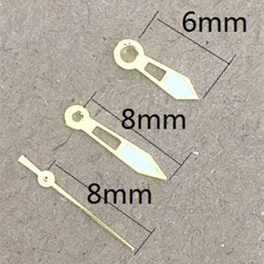 Golden trim lume watch hands for Miyota 2035 movement, enhancing visibility and style.
