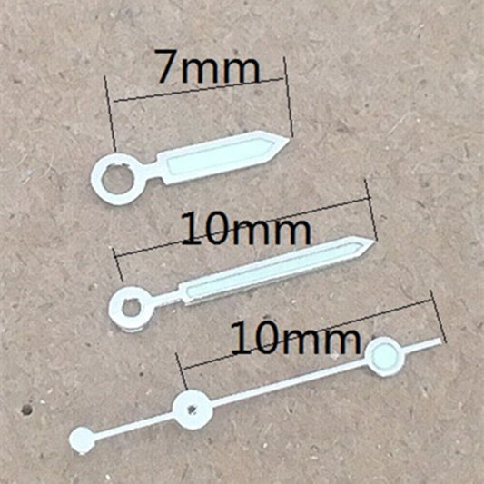 Silver trim lume watch hands for Miyota 2035 quartz movement, precise fit for watch repair and customization.