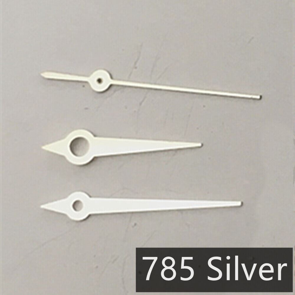 Multi-size silver watch hands for Ronda 785 quartz movement, compatible with 3-hand watches, precision design.