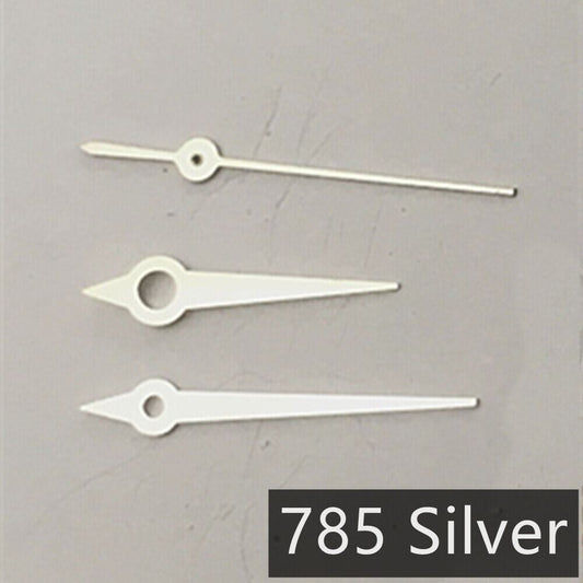 Multi-size silver watch hands for Ronda 785 quartz movement, compatible with 3-hand watches, precision design.