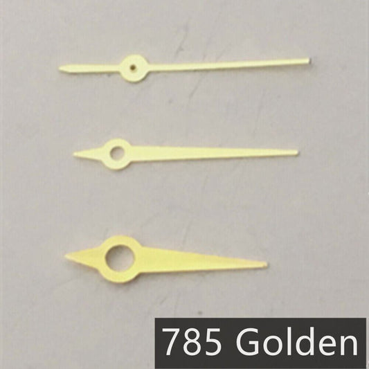 Multi-size golden watch hands by Ronda, fit for 785 quartz 3-hand movements, elegant replacement parts.