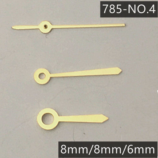 Golden watch hands set compatible with Ronda 785 3 hands quartz movement, elegant design.