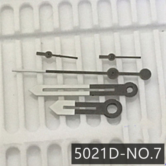 White and black watch hands compatible with Ronda 5021D quartz movement, precise timekeeping parts.