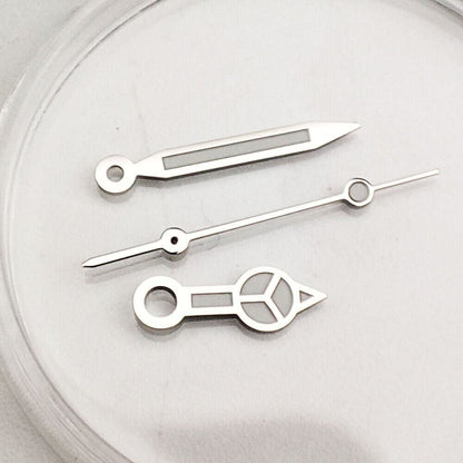 Silver trim green luminous watch hands for NH35A/NH36A movement, precise fit and glow in low light.