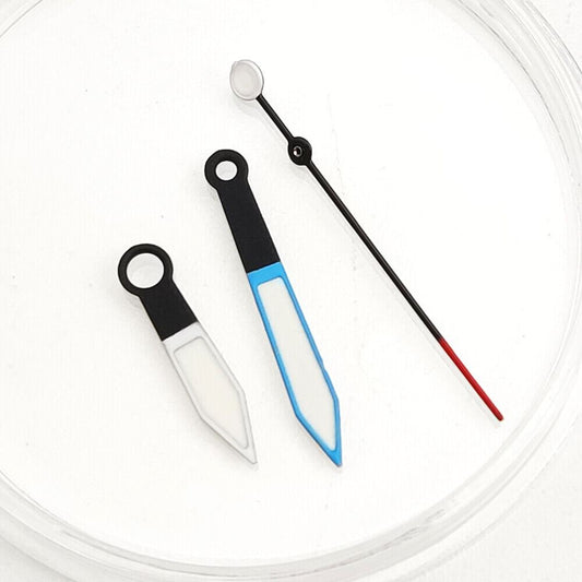 Blue trim green luminous watch hands for NH35A/NH36A movement, precise fit, enhancing dial readability.