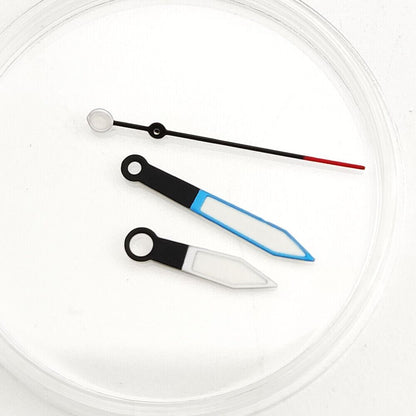 Blue-trimmed green luminous watch hands for NH35A/NH36A movement, enhancing dial readability with precise fit.