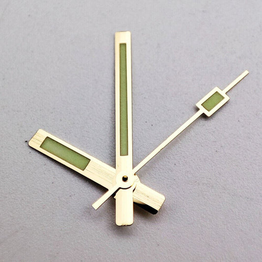 Golden trim green luminous watch hands compatible with NH35A/NH36A movement, enhancing visibility and style.