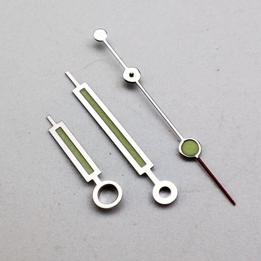 Silver trim green luminous watch hands for NH35A/NH36A movement, enhancing readability and style.