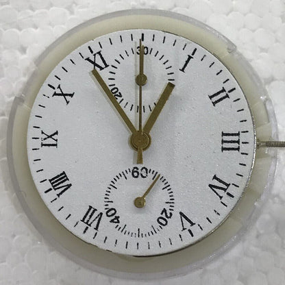 China Made 7750 chronograph movement watch with 2 hands and small seconds at 6 and 12 o'clock positions.