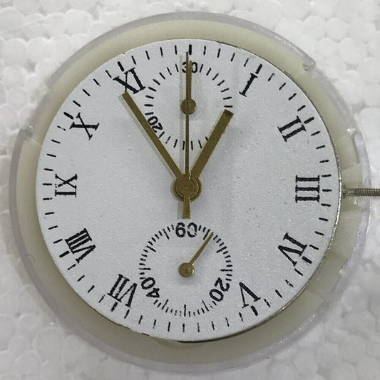 China Made 7750 chronograph movement watch with 2 hands and small seconds at 6 and 12 o'clock positions.