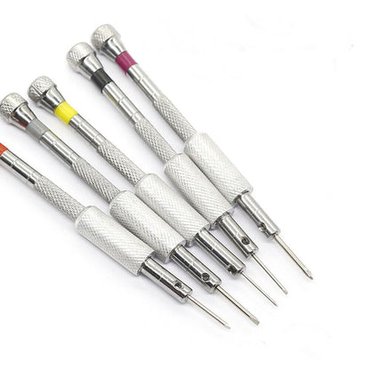 Five-piece steel screwdriver set with stand for precise watch and jewelry repair.