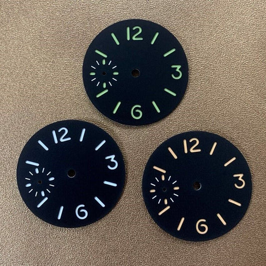 Cadran de montre lumineux vert de 34,5 mm, compatible avec le mouvement <tc>ETA</tc> 6497/6498, sans logo