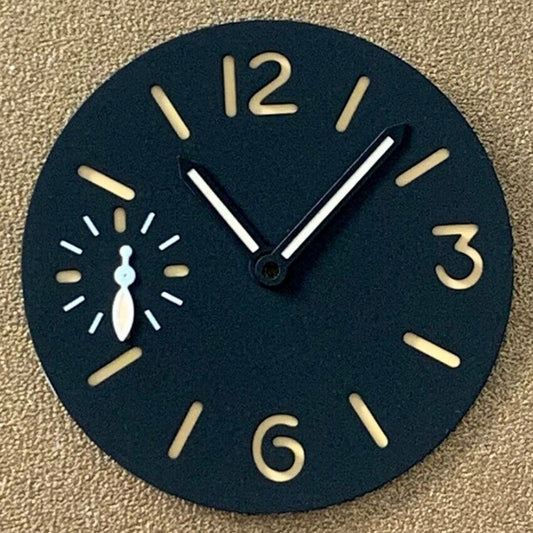 Green luminous 34.5mm watch dial with orange accents for ETA 6497/6498 movements, brand compatible.