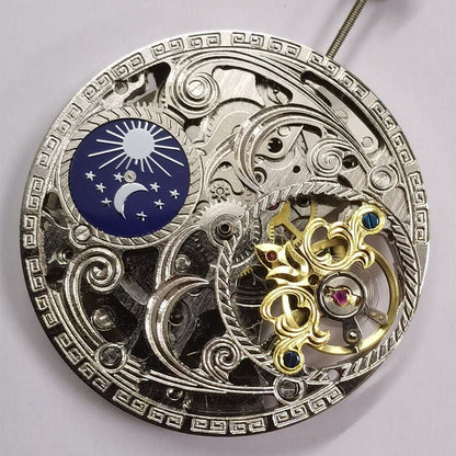 Automatic mechanical watch with silver 3 hands, hollow free wheel, and moon phase at 12.