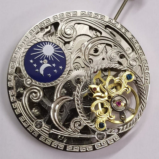 Automatic mechanical watch with silver 3 hands, hollow free wheel, and moon phase at 12.