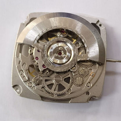 Tianjin Seagull ST25 silver square watch featuring hollow dial and mechanical 3-hand movement for precision timekeeping