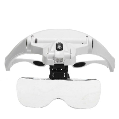Adjustable LED-lit watch loupe headband for precise jewelry and watch inspection.