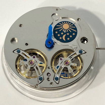Asian multi-function mechanical watch with double balance wheel and moon phase
